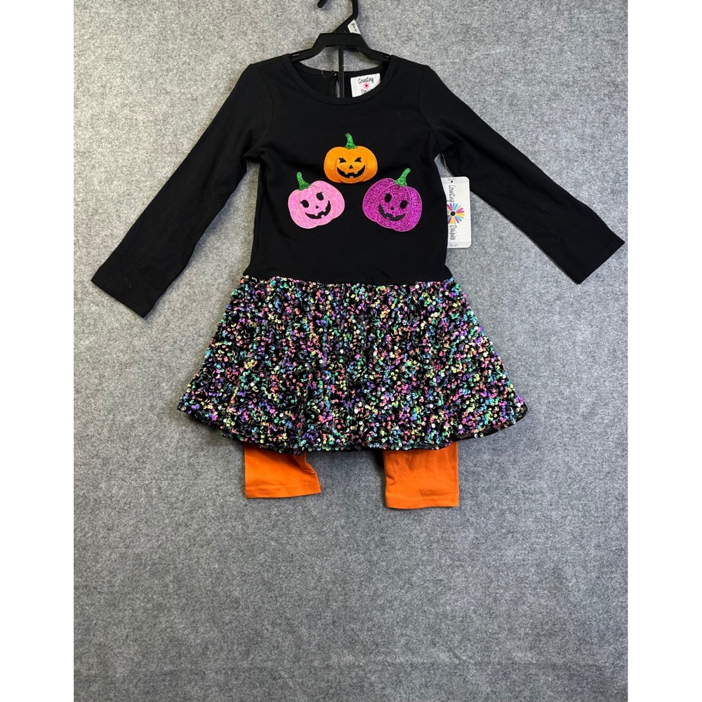 Counting Daisies Girls Halloween Pumpkin Sequin Tutu Dress & Leggings Set XS 4/5